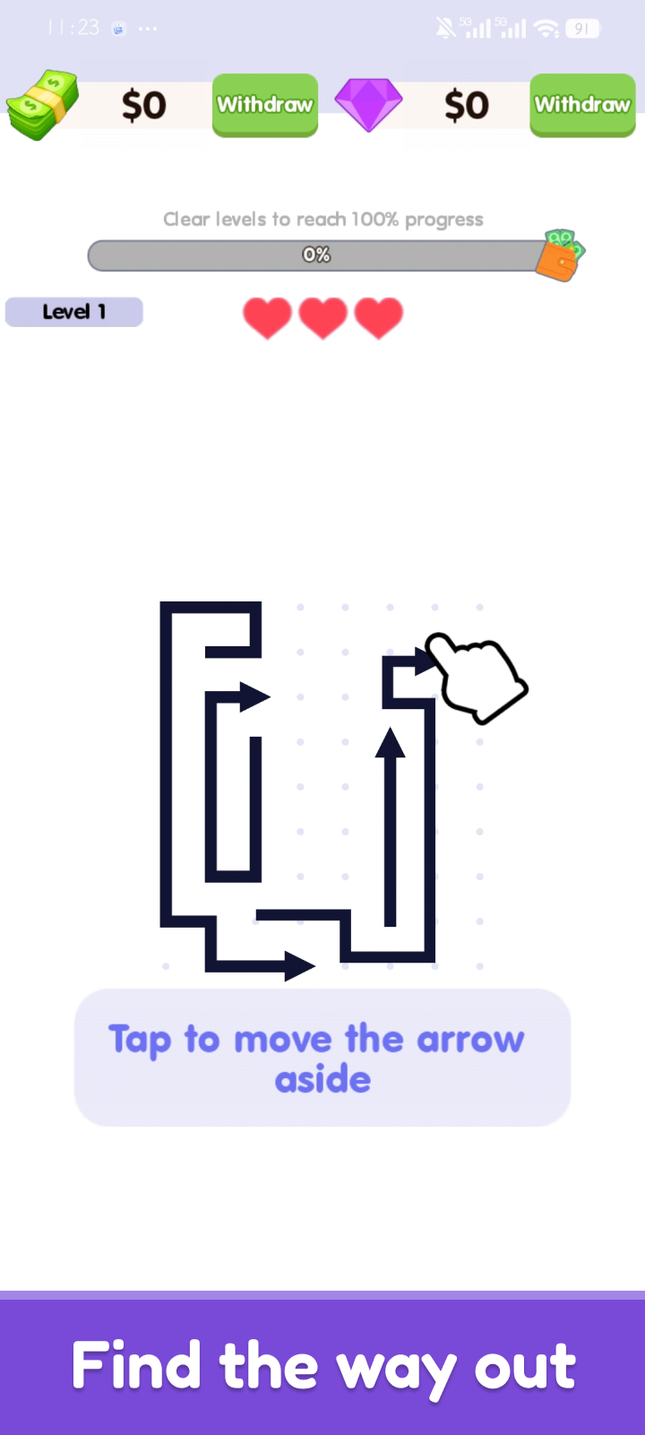 Arrow Way Out in-game screenshot: arrow puzzle board and paths